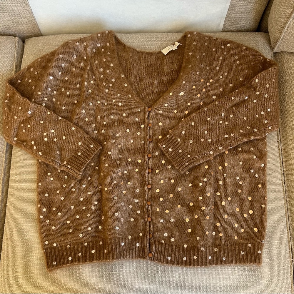 BEST Sezane Lizy Cardigan Camel Gold Polka Dot French Wool Causal - Picture 7 of 11